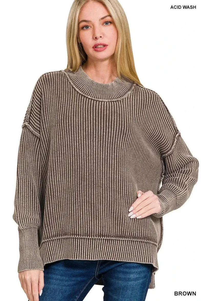 Zenana Washed Side Slit Oversized Sweater - SwagglyLife Home & Fashion
